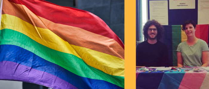 Die Regenbogenflagge links ist das Symbol der LGBTQ-Community. Rechts sind die beiden Interviewpersonen Pancho Küfer und Anne Lind. Fotos: SatyaPrem auf Pixabay / Kuss41
